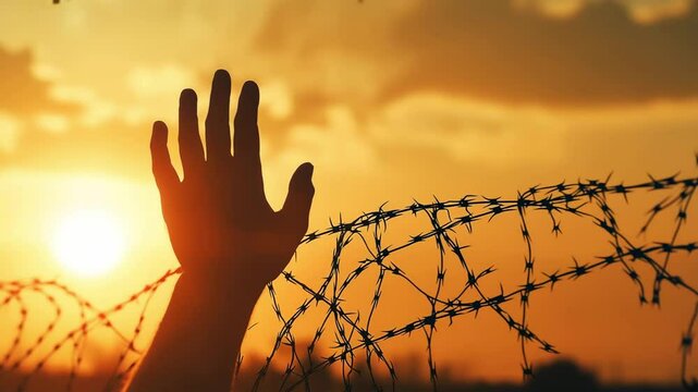 Silhouette of a human hand raised in the air, entangled with barbed wire against a sunset sky and birds fly freely, Symbolizing hope and resilience, International holocaust remembrance day	