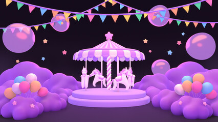 3D render cartoon carousel balloons party night.