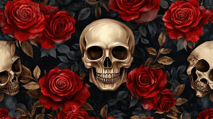 Seamless Gothic Pattern Skulls and Red Roses