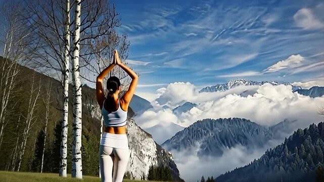 Woman Practicing Yoga in the Mountains at Sunrise