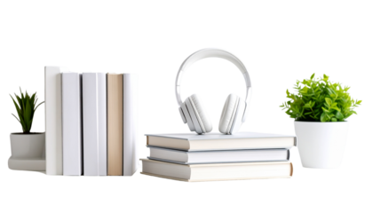 Remote Learning Setup with Headphones and Books on transparent background.