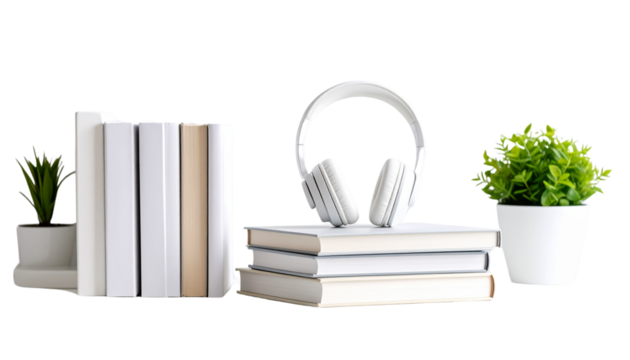 Remote Learning Setup with Headphones and Books on transparent background.