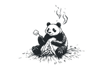 Panda toasts marshmallow over campfire in adorable sketch illustration. Vector retro hand drawn illustration