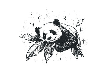 Playful artistic panda resting on leaves. Vector retro hand drawn illustration