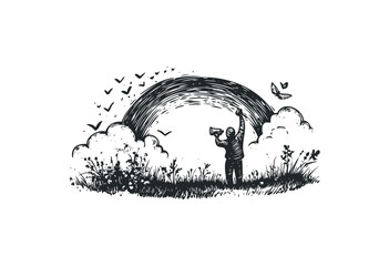 Mature caucasian male painting rainbow with birds and butterflies in nature. Vector retro hand drawn illustration
