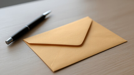 Sealed manila envelope on wooden desk with black pen nearby, ready for mailing or writing