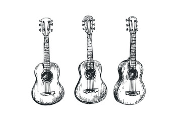 Naklejka premium Hand-drawn acoustic guitars trio sketch with detailed strings and tuners. Vector retro hand drawn illustration