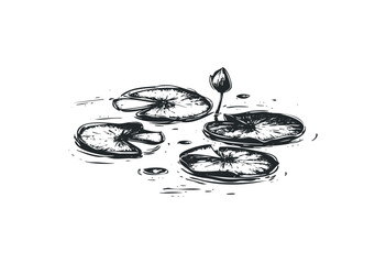 Minimalist ink drawing of floating lily pads and bud on water. Vector retro hand drawn illustration
