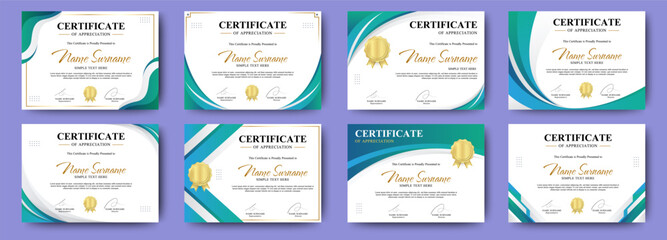 Gradient modern certificate template design. Certificate template set. Collection of modern and luxury diplomas with badge vector illustration