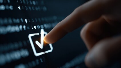 A finger touches a glowing checkmark on a dark computer screen displaying code