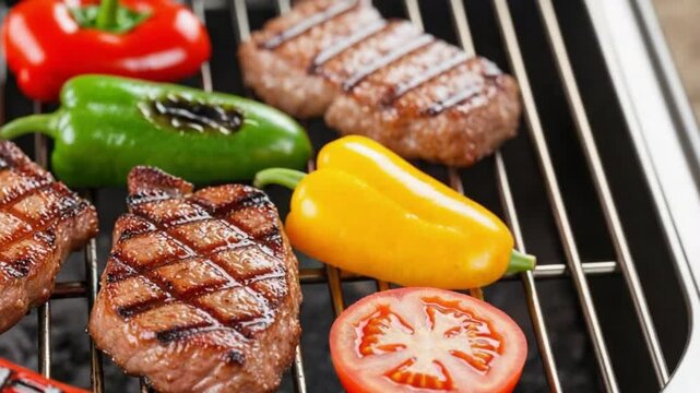 Juicy steaks sizzling on a grill alongside vibrant bell peppers and tomatoes. The camera smoothly pans across the grill, highlighting the grill marks and the vibrant colors of the veget