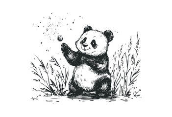 Playful panda cub sitting in grass with floating sparkle. Vector retro hand drawn illustration
