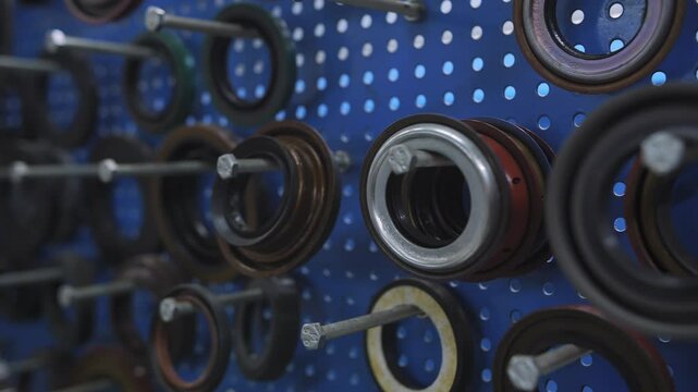 Automotive oil seals and gaskets organized on workshop wall