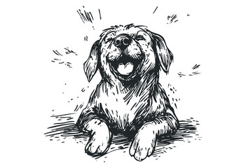 Joyful sketch of a lying dog with tongue out. Vector retro hand drawn illustration