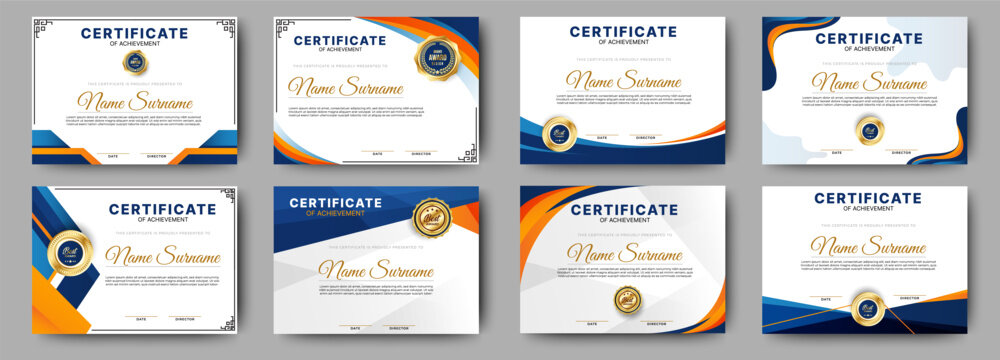 Editable corporate certificate. Certificate of appreciation with blue and orange shapes. Certificate template set. vector