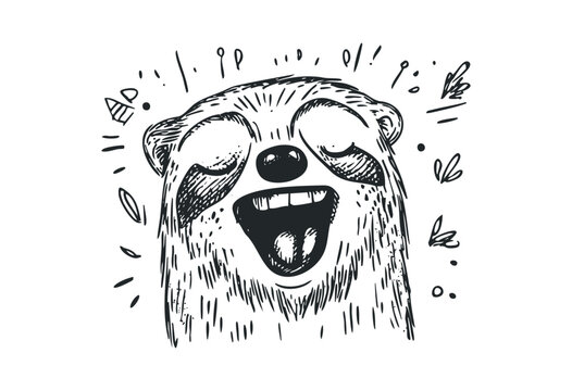 Cheerful sloth face with expressive eyes sketched in black and white. Vector retro hand drawn illustration