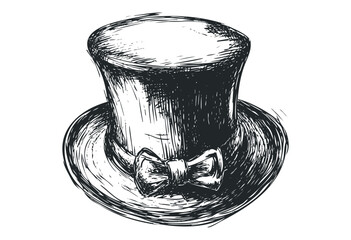 Sketch of a classic top hat with bow tie in vintage style. Vector retro hand drawn illustration