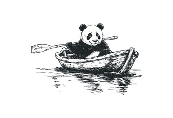 Panda rowing a boat: monochrome sketch of adorable bear in watercraft. Vector retro hand drawn illustration