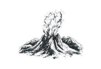 Erupting volcano with smoke and ash emission. Vector retro hand drawn illustration