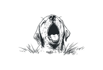 Monochrome illustration of a dog yawning with head raised and mouth open. Vector retro hand drawn illustration