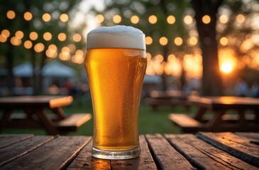 glass of amber beer on a wooden table at sunset in a garden