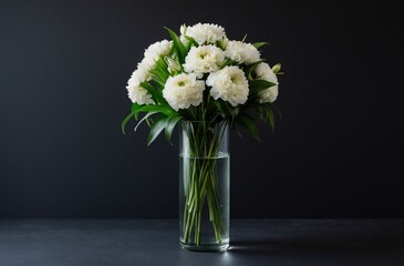 elegant bouquet of white flowers in a glass vase on dark background