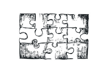 Grunge-style sketched jigsaw puzzle pieces. Vector retro hand drawn illustration