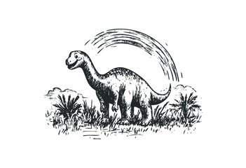 Illustrative dinosaur with smiling face and vegetation details. Vector retro hand drawn illustration