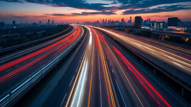Busy highway with colorful light trails from speeding cars at dusk with city skyline glowing under vibrant sunset sky