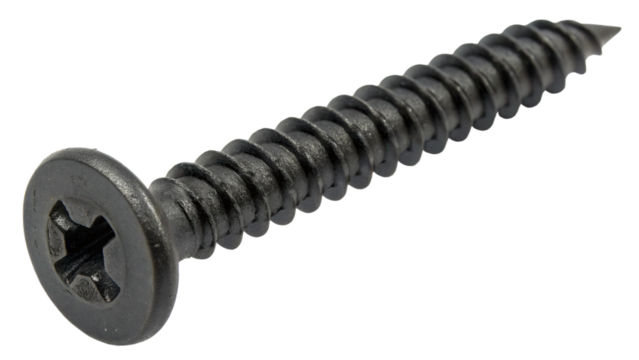 Single black screw close up on black background with sharp point