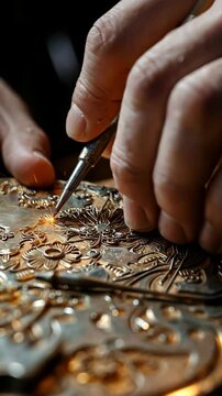 Craftsman engraving pattern on golden surface with precision tool