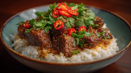 Rendang beef served over rice, topped with chilies
