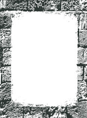 Vector banner frame or background with gray brick wall, stone and space for text or inscription. Old, broken, chipped shell rock with holes. Suitable for diploma, certificate, tombstone and memorial
