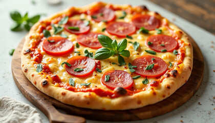 Delicious Margherita pizza with fresh tomatoes and basil on a rustic wooden board