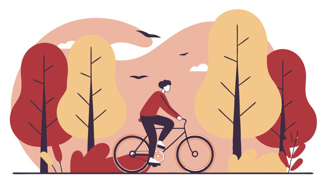 Jesienna przejażdżka rowerowa wśr&oacute;d kolorowych drzew &ndash; ilustracja aktywności na świeżym powietrzu w przyjaznej, płaskiej stylistyce