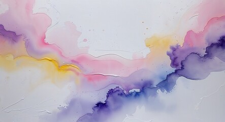 Obraz premium Abstract Watercolor Painting with Soft Pink, Purple, Blue, Yellow Hues on White Textured Canvas