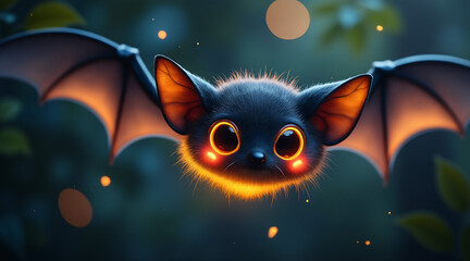 Cute Bat with Glowing Eyes in Enchanting Forest Setting at Dusk