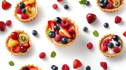 A flatlay showcasing assorted mini fruit tarts with creamy fillings, topped with strawberries, blueberries, raspberries, kiwi, and mint, scattered across a pristine white background
