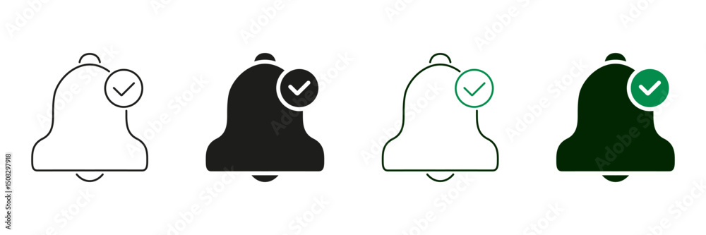 Poster notification bell with checkmark line and solid icon set. alert confirmation and task completion sym