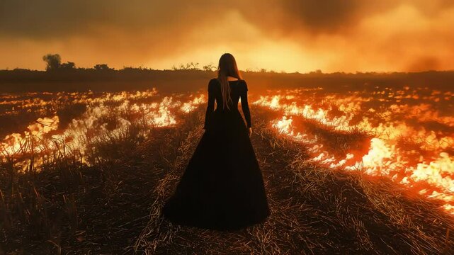 Back view of a woman witch in white dress walking among the burnt ground field, Magic of flame	
