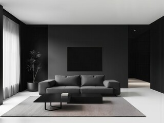 A black and white living room with a black couch and a black coffee table
