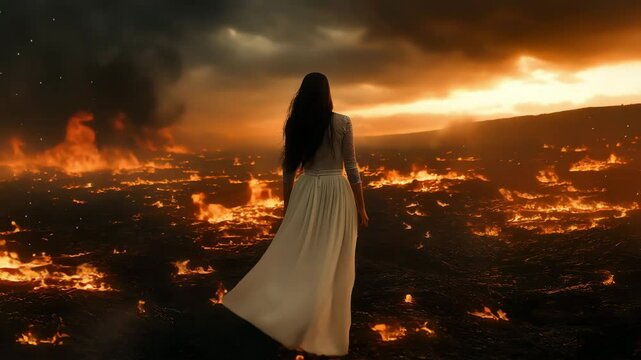 Back view of a woman witch in white dress walking among the burnt ground field, Magic of flame	