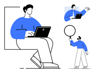 Person working on a laptop, team member interacting online, figure with magnifying glass. Ideal for collaboration, analysis, research, technology, teamwork, innovation simple landing page