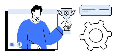 Person holding trophy during video call inside digital interface, speech bubble, setting gear. Ideal for success, teamwork, productivity, awards, virtual events communication leadership. Flat
