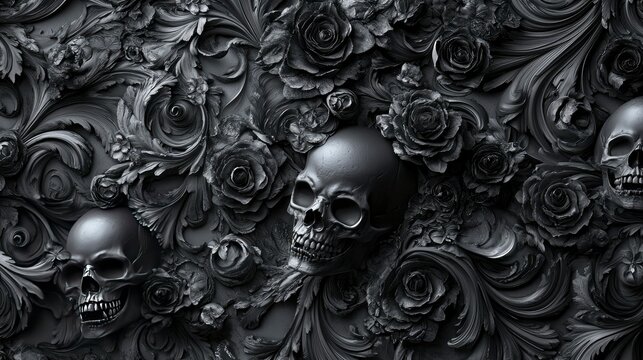 Gothic Baroque Skull and Roses Seamless Pattern