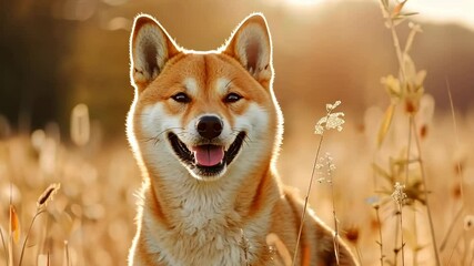 A cheerful shiba inu dog with a bright, playful smile sits against a soft pastel background, perfect for use in text overlays or marketing materials. Ideal for pet lovers and cheerful themes. - Powered by Adobe