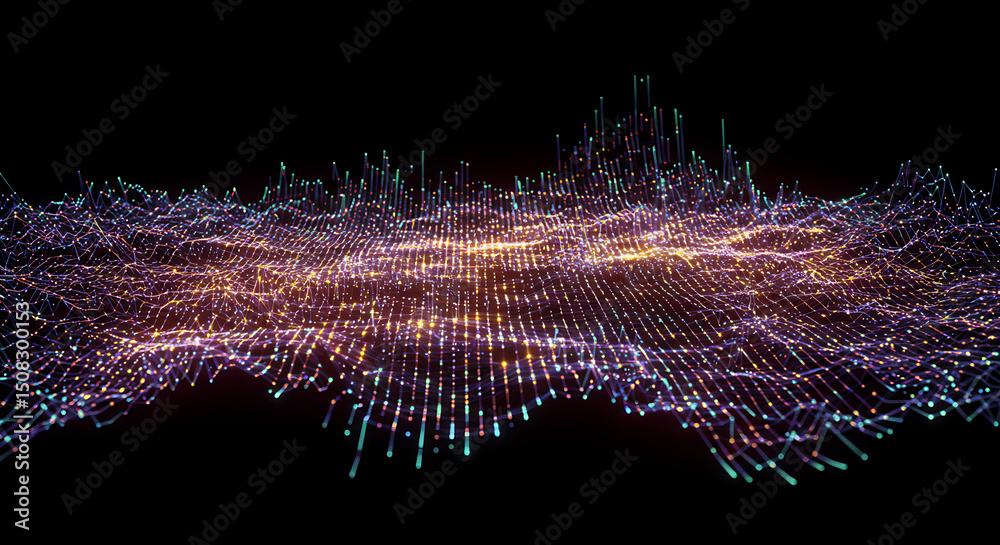 Poster abstract digital waveform glowing particle network data visualization technology background