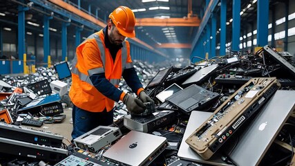 Worker in orange vest and hardhat sorting electronic waste with laptops and devices in large recycling facility indoors - Powered by Adobe