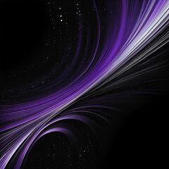 Abstract purple & silver streaks flow on black, cosmic background; website design