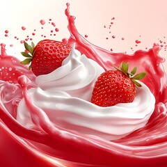 Two strawberries are nestled in a swirl of whipped cream and a splash of red juice.